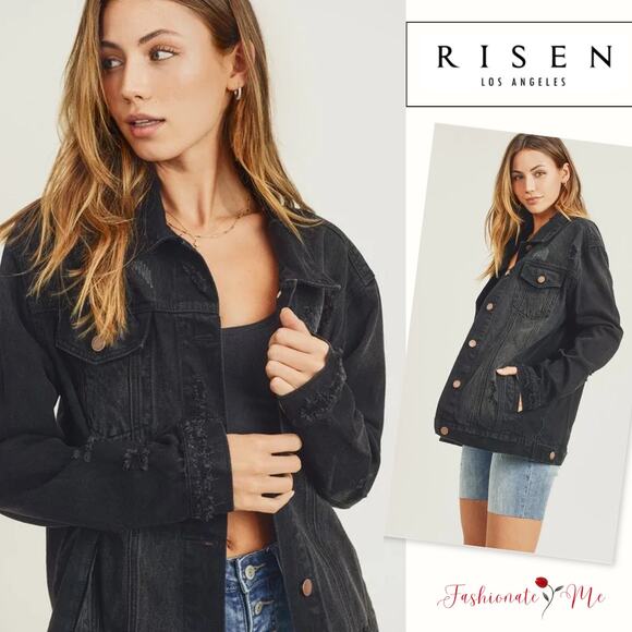 RISEN Distressed Long Sleeves 90's Vintage Pocket Oversized Denim JacketBlack
